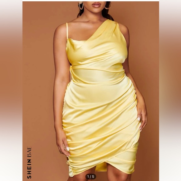 Shein Bae Plus Asymmetrical Neck Ruched Wrap Dress - Picture 1 of 4